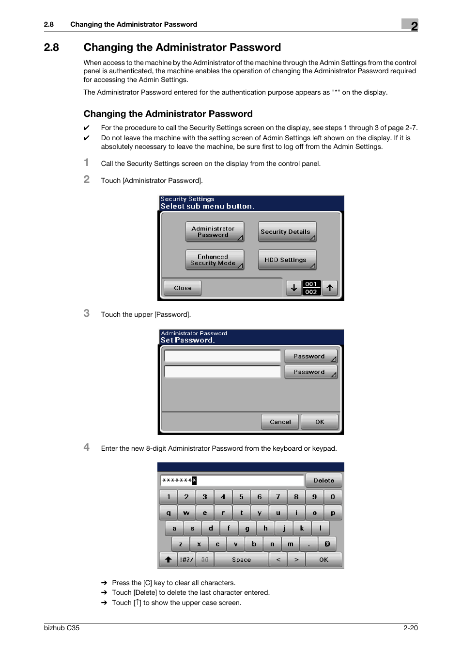 8 changing the administrator password, Changing the administrator password | Konica Minolta bizhub C35 User Manual | Page 34 / 94