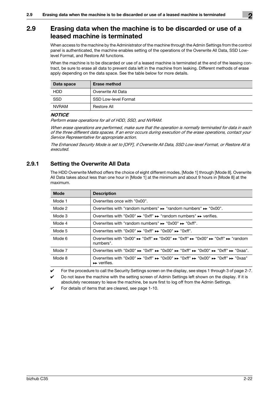 1 setting the overwrite all data, Setting the overwrite all data -22 | Konica Minolta bizhub C35 User Manual | Page 36 / 94