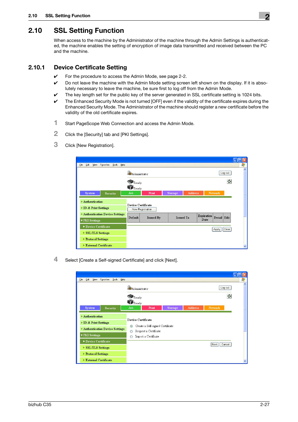 10 ssl setting function, 1 device certificate setting, Ssl setting function -27 | Device certificate setting -27 | Konica Minolta bizhub C35 User Manual | Page 41 / 94