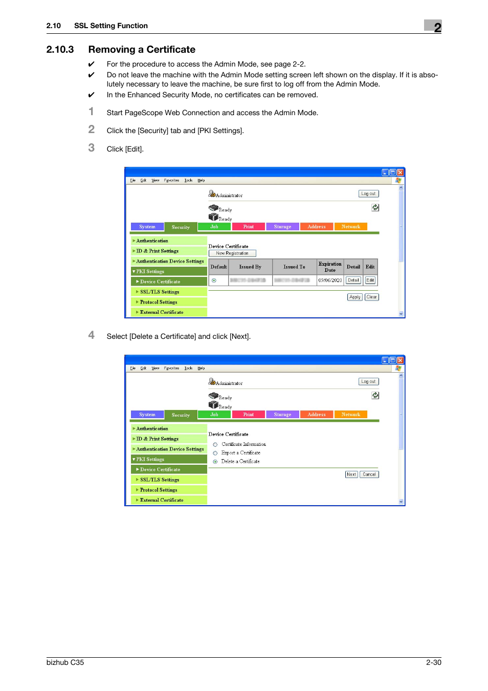 3 removing a certificate, Removing a certificate -30 | Konica Minolta bizhub C35 User Manual | Page 44 / 94