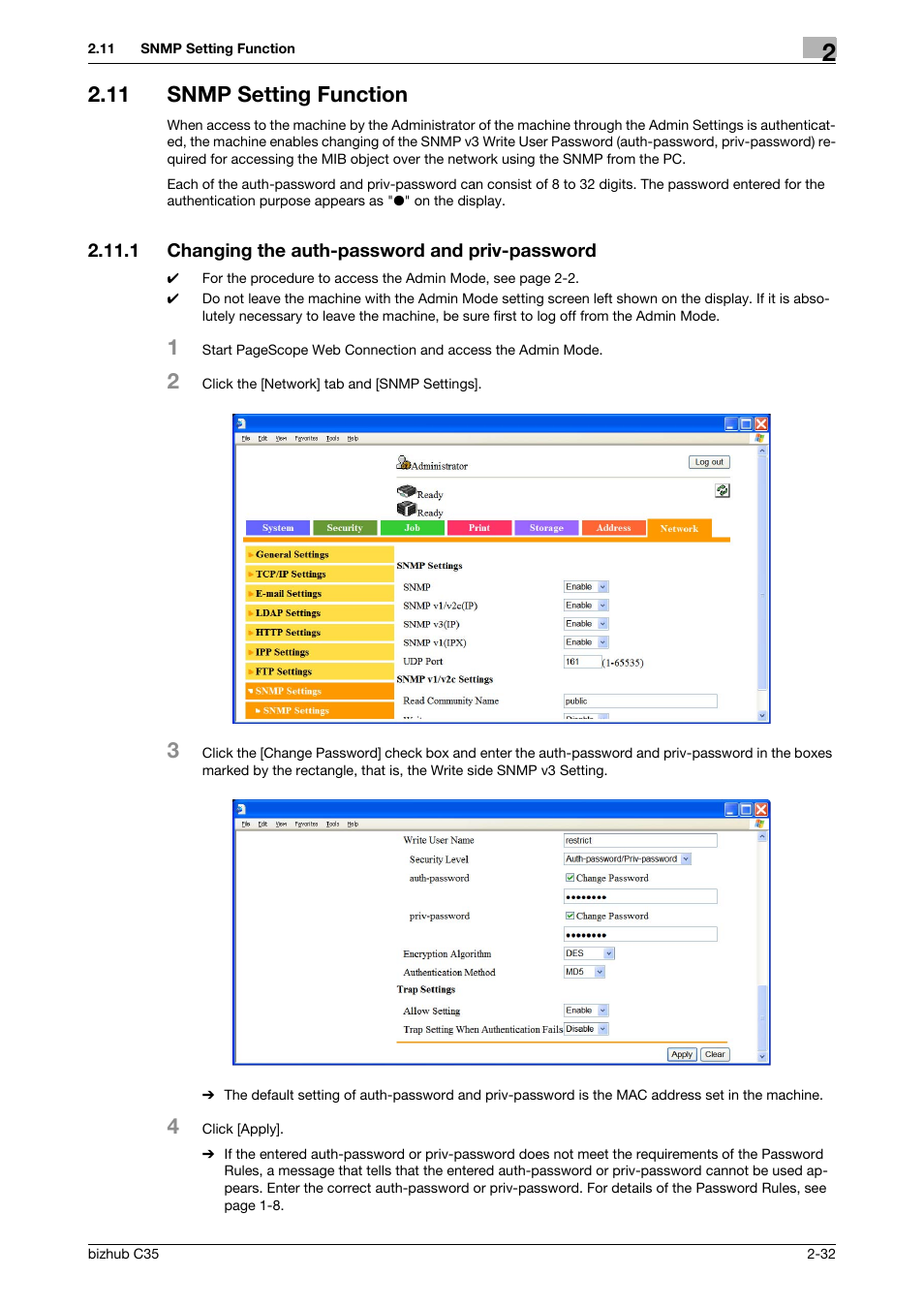 11 snmp setting function, 1 changing the auth-password and priv-password, Snmp setting function -32 | Changing the auth-password and priv-password -32 | Konica Minolta bizhub C35 User Manual | Page 46 / 94