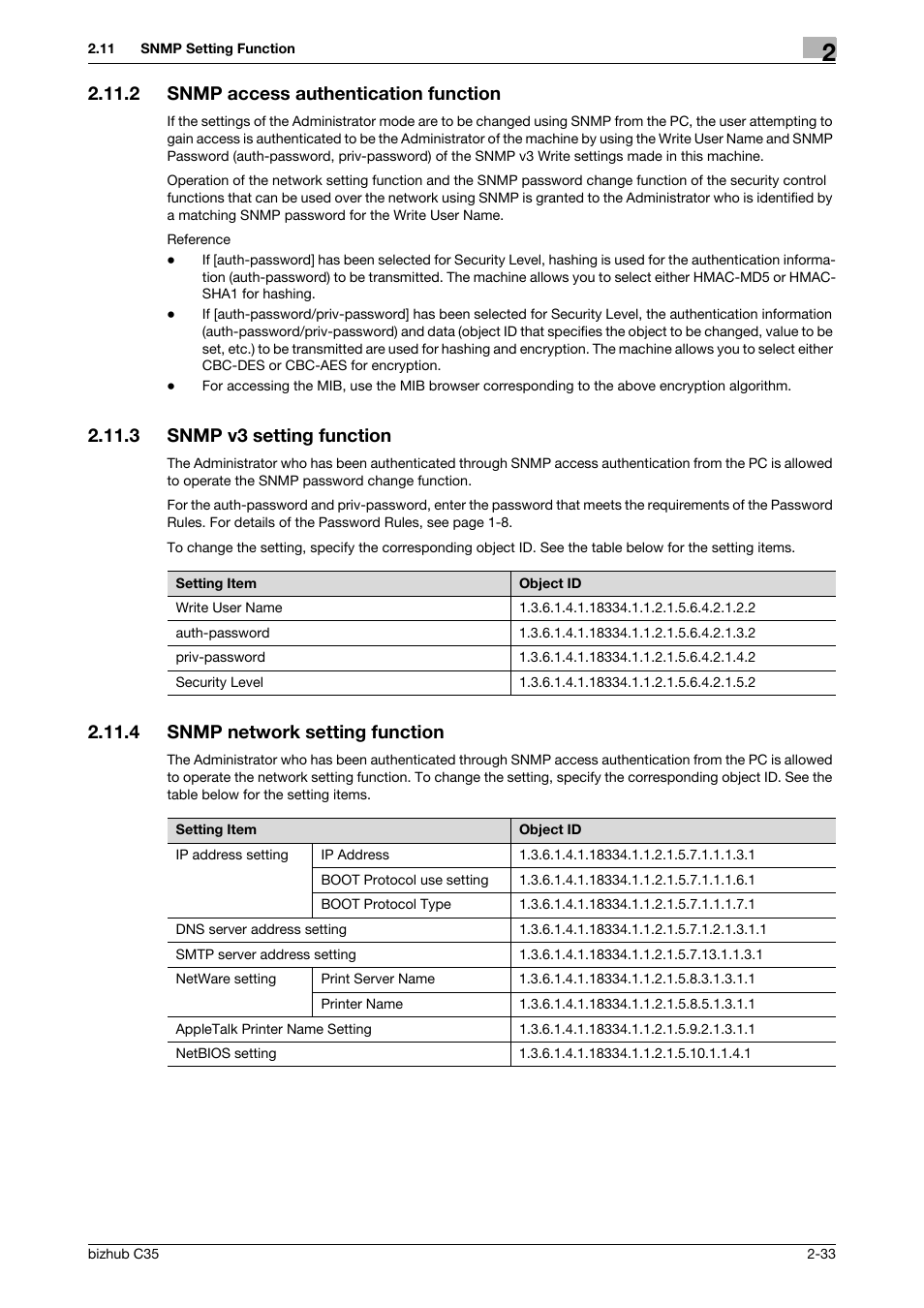 2 snmp access authentication function, 3 snmp v3 setting function, 4 snmp network setting function | Snmp access authentication function -33, Snmp v3 setting function -33, Snmp network setting function -33 | Konica Minolta bizhub C35 User Manual | Page 47 / 94