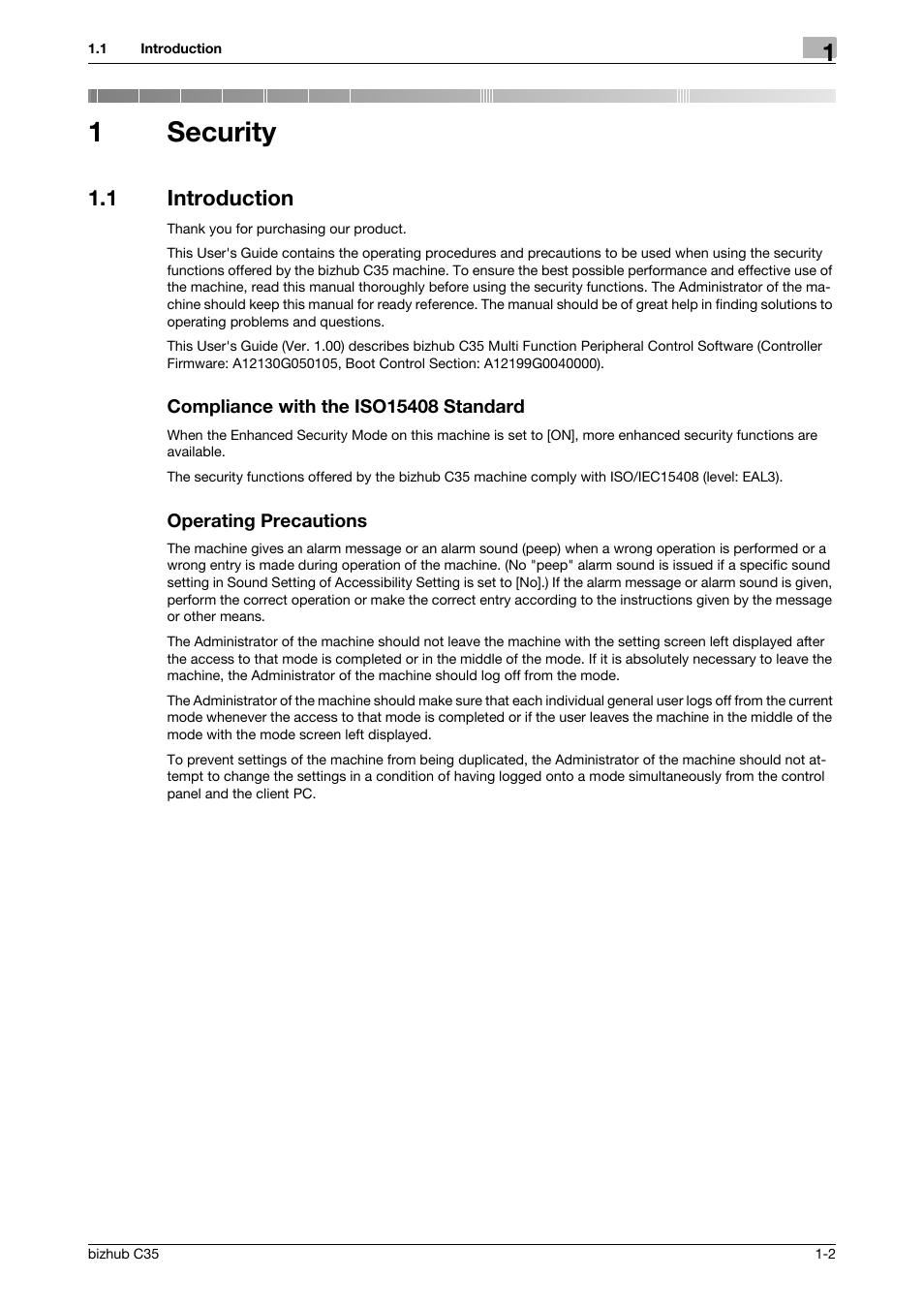 1 security, 1 introduction, Compliance with the iso15408 standard | Operating precautions, Security, 1security | Konica Minolta bizhub C35 User Manual | Page 5 / 94