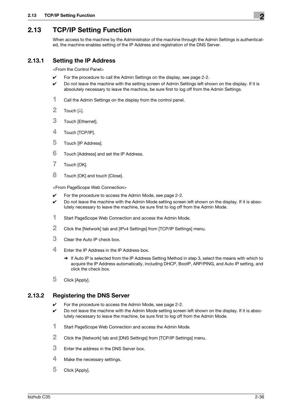 13 tcp/ip setting function, 1 setting the ip address, 2 registering the dns server | Tcp/ip setting function -36, Setting the ip address -36, Registering the dns server -36 | Konica Minolta bizhub C35 User Manual | Page 50 / 94