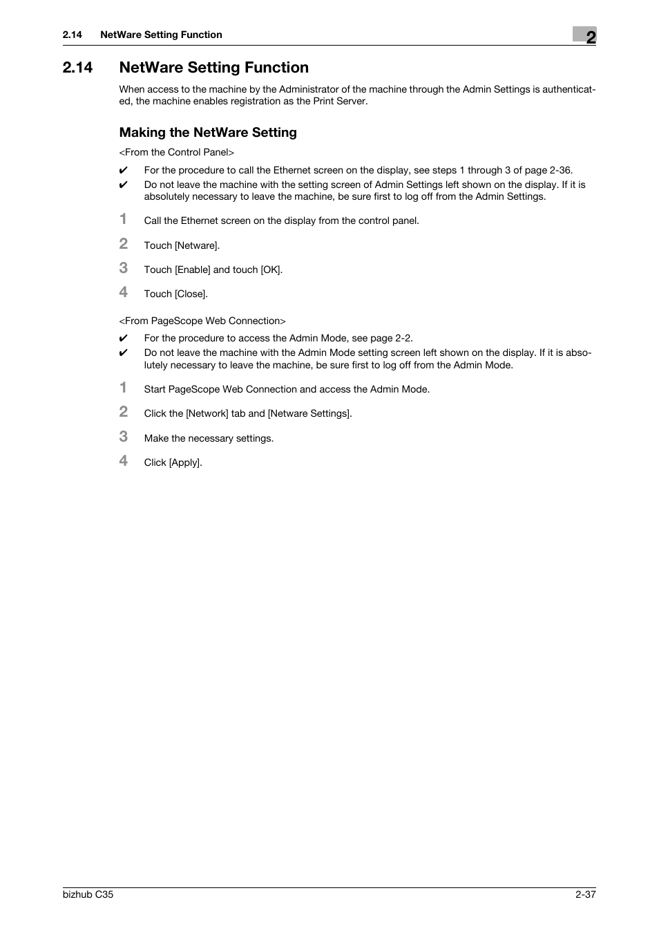 14 netware setting function, Making the netware setting | Konica Minolta bizhub C35 User Manual | Page 51 / 94