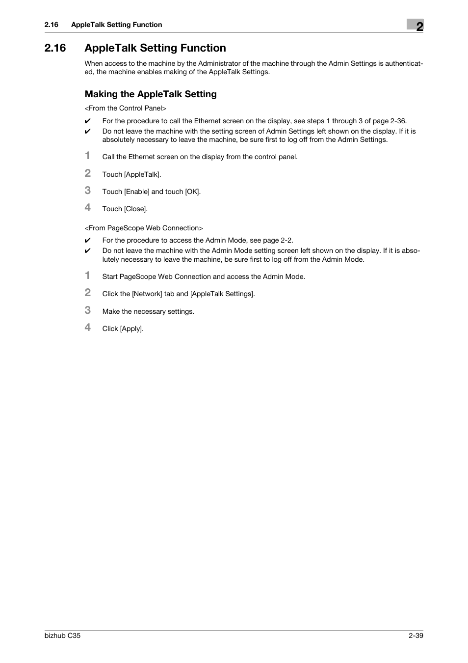 16 appletalk setting function, Making the appletalk setting | Konica Minolta bizhub C35 User Manual | Page 53 / 94