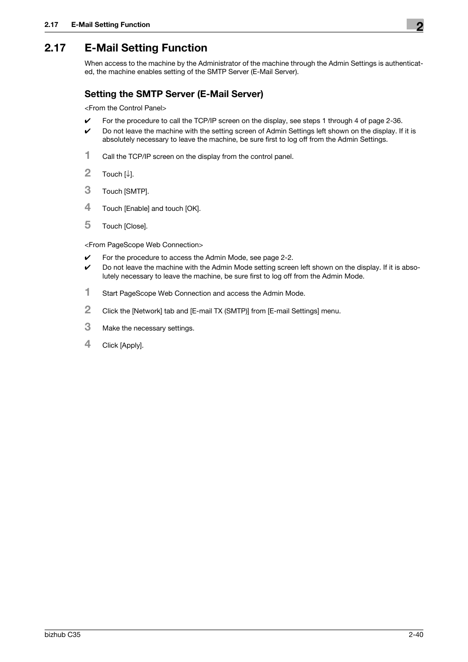 17 e-mail setting function, Setting the smtp server (e-mail server) | Konica Minolta bizhub C35 User Manual | Page 54 / 94