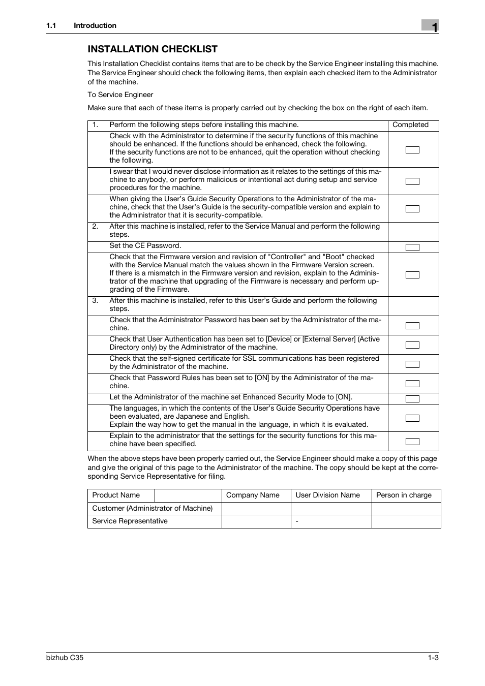Installation checklist, Installation checklist -3 | Konica Minolta bizhub C35 User Manual | Page 6 / 94