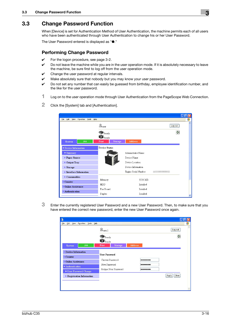 3 change password function, Performing change password | Konica Minolta bizhub C35 User Manual | Page 70 / 94