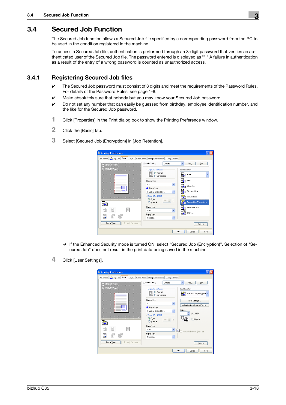 4 secured job function, 1 registering secured job files, Secured job function -18 | Registering secured job files -18 | Konica Minolta bizhub C35 User Manual | Page 72 / 94