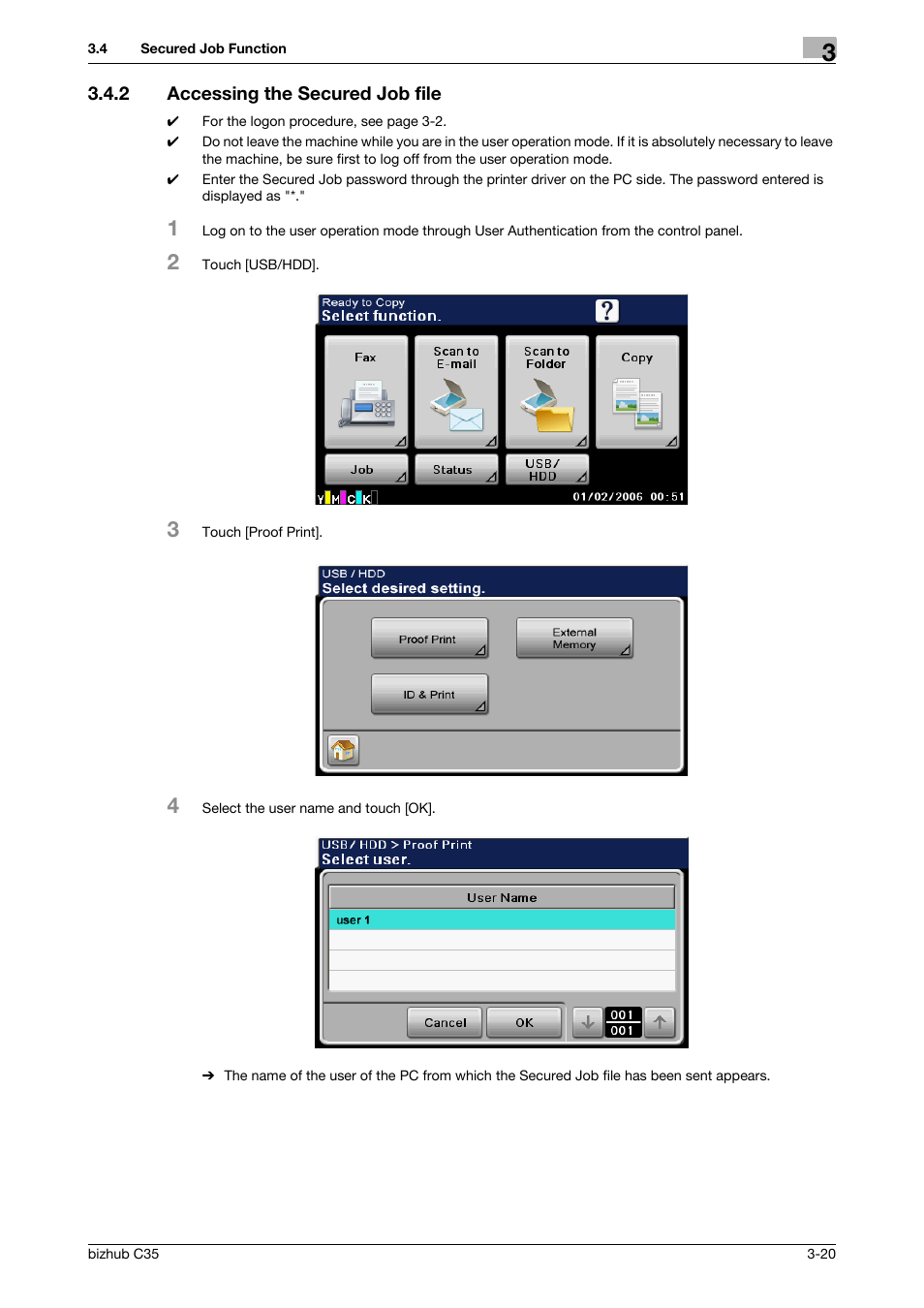 2 accessing the secured job file, Accessing the secured job file -20 | Konica Minolta bizhub C35 User Manual | Page 74 / 94