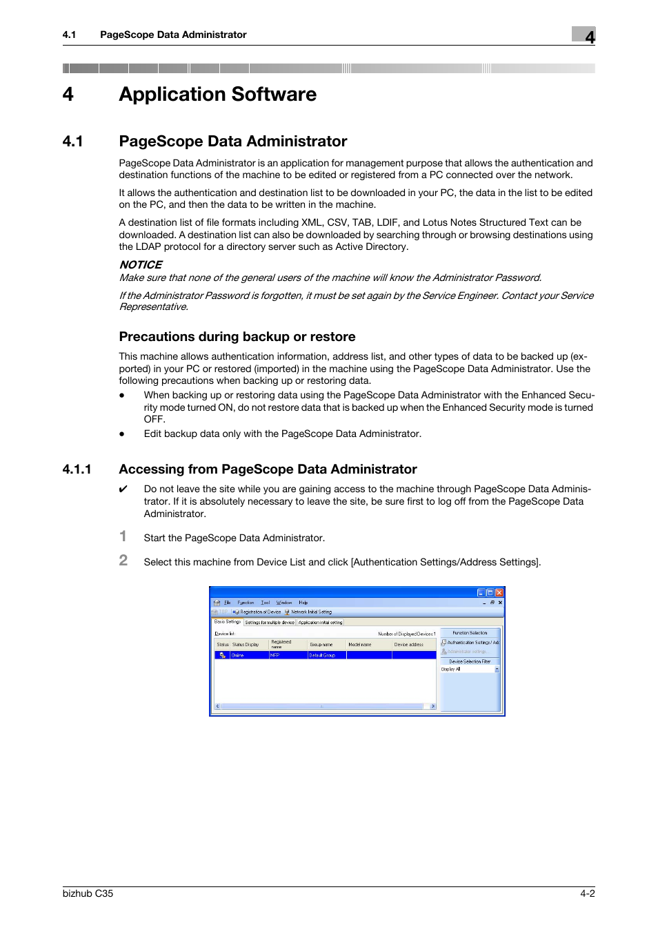 4 application software, Precautions during backup or restore, Application software | 4application software, 1 pagescope data administrator | Konica Minolta bizhub C35 User Manual | Page 83 / 94