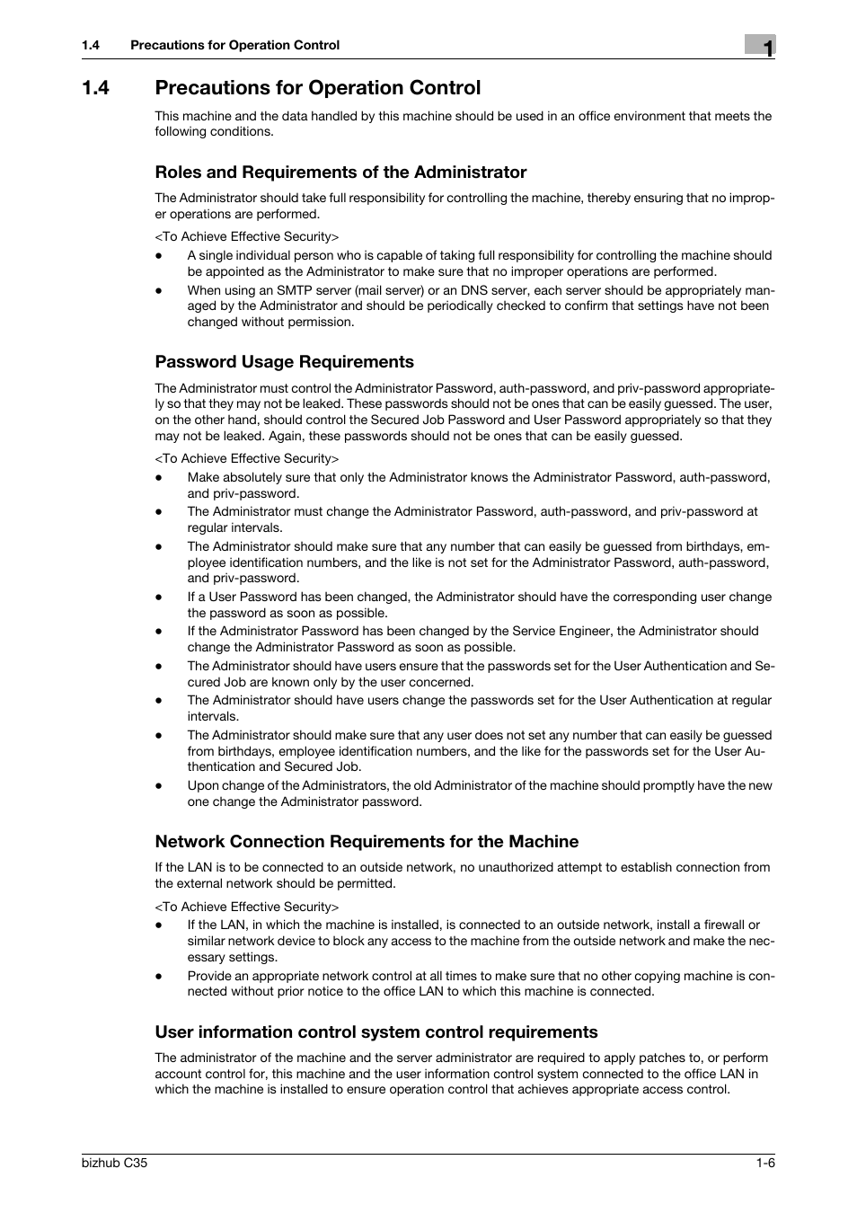 4 precautions for operation control, Roles and requirements of the administrator, Password usage requirements | Network connection requirements for the machine | Konica Minolta bizhub C35 User Manual | Page 9 / 94