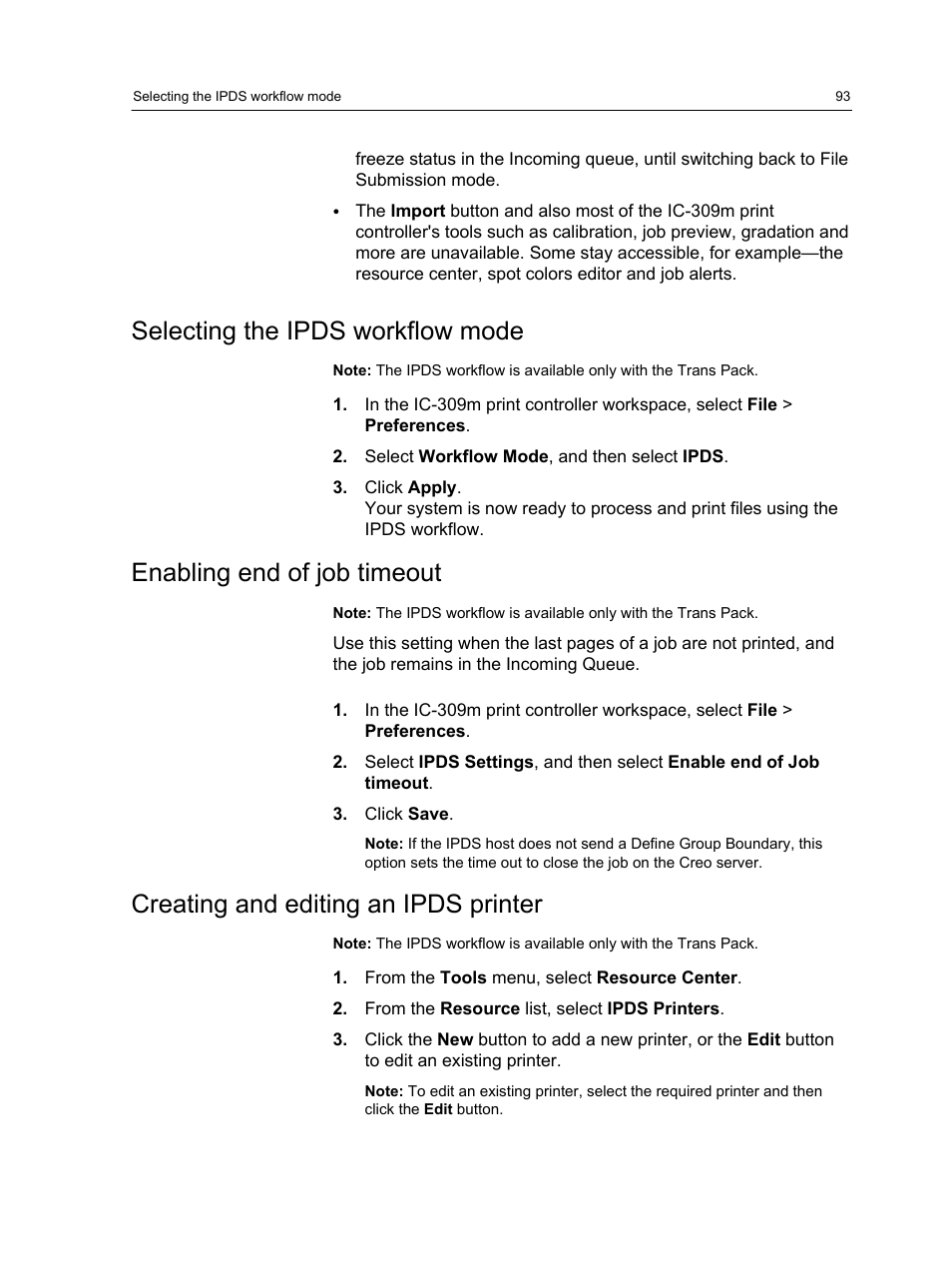 Selecting the ipds workflow mode, Enabling end of job timeout, Creating and editing an ipds printer | Konica Minolta bizhub PRESS 1250 User Manual | Page 101 / 200