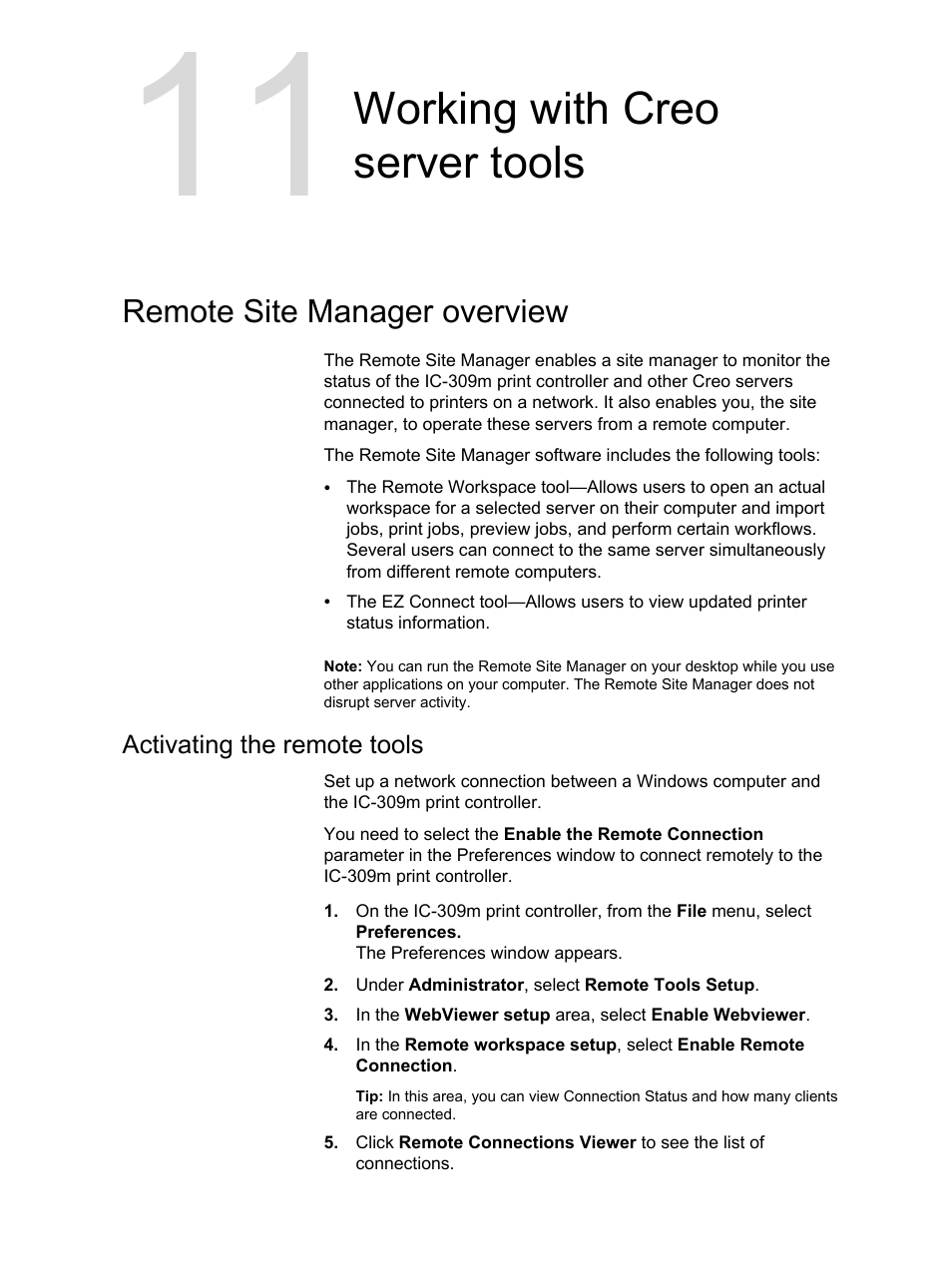 Working with creo server tools, Remote site manager overview, Activating the remote tools | Konica Minolta bizhub PRESS 1250 User Manual | Page 163 / 200