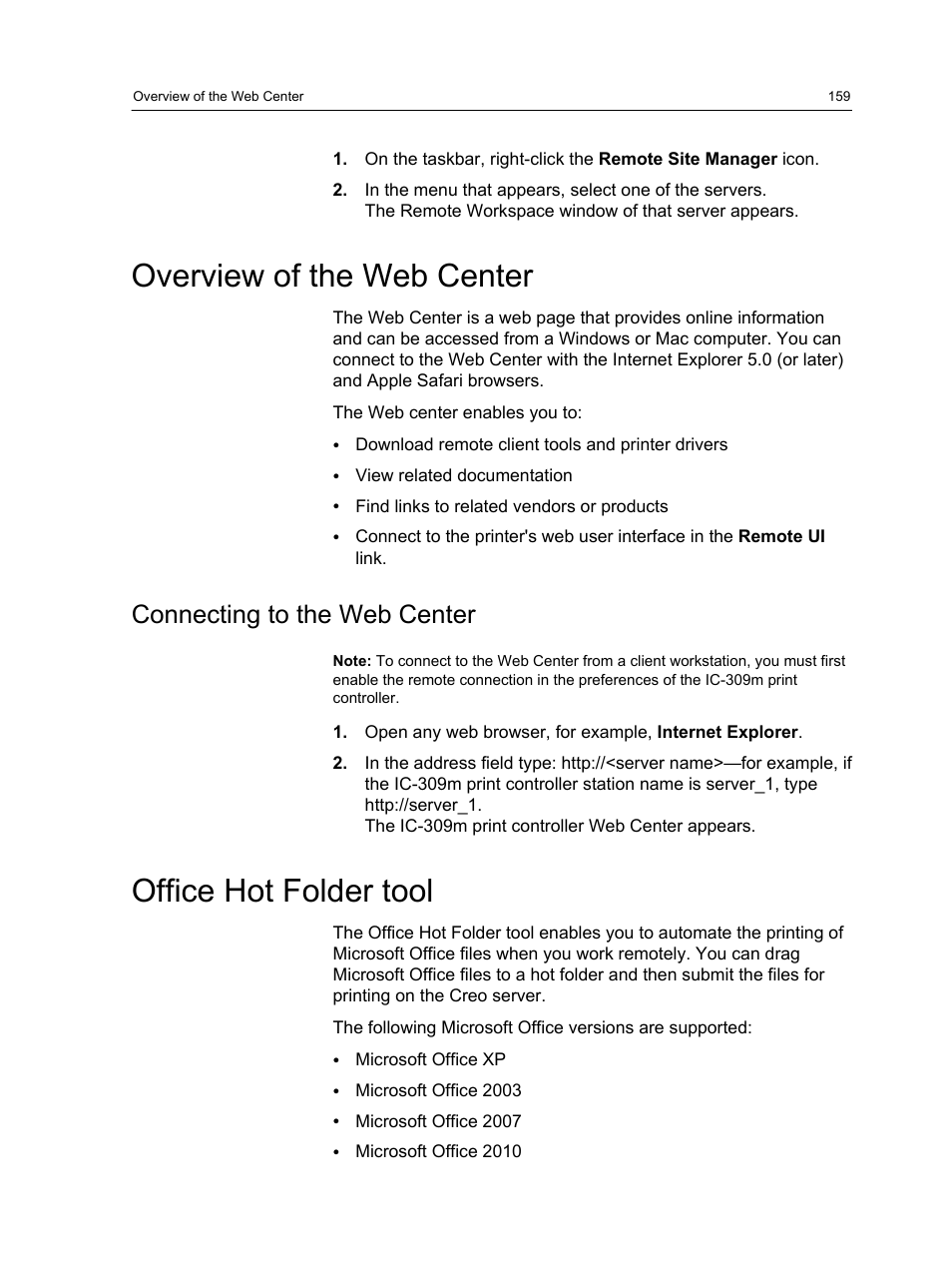 Overview of the web center, Connecting to the web center, Office hot folder tool | Konica Minolta bizhub PRESS 1250 User Manual | Page 167 / 200