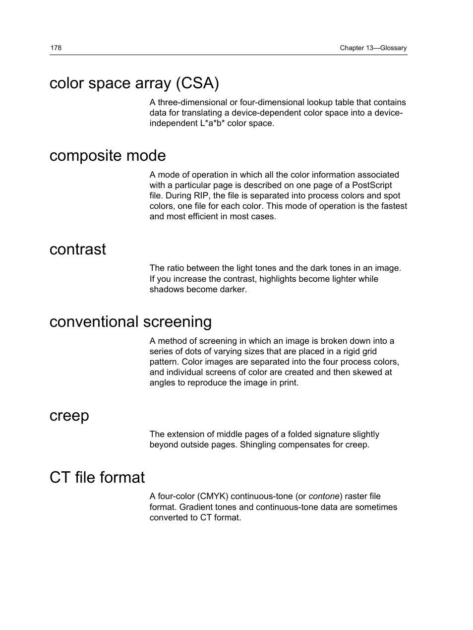 Color space array (csa), Composite mode, Contrast | Conventional screening, Creep, Ct file format | Konica Minolta bizhub PRESS 1250 User Manual | Page 186 / 200