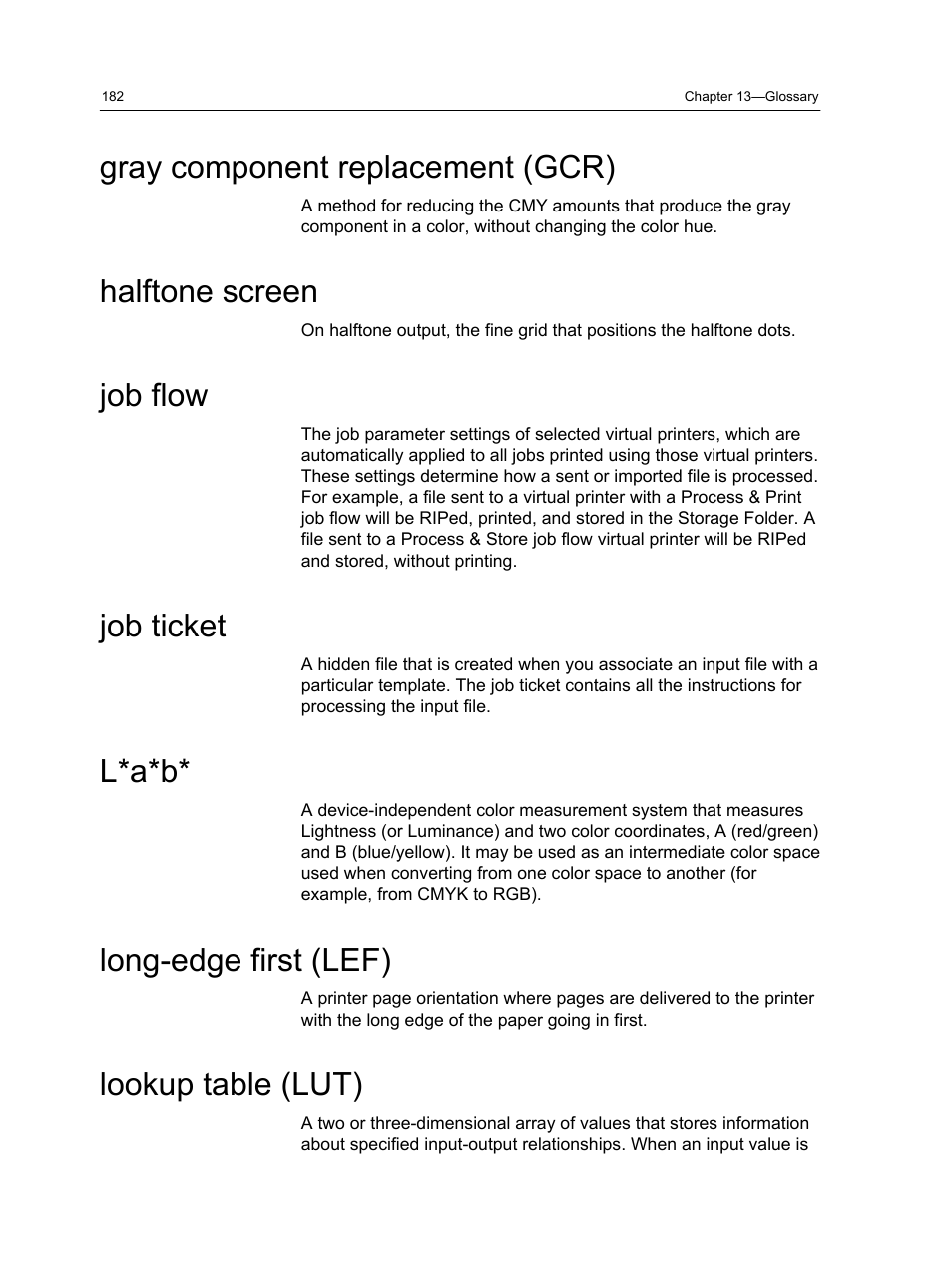 Gray component replacement (gcr), Halftone screen, Job flow | Job ticket, L*a*b, Long-edge first (lef), Lookup table (lut) | Konica Minolta bizhub PRESS 1250 User Manual | Page 190 / 200