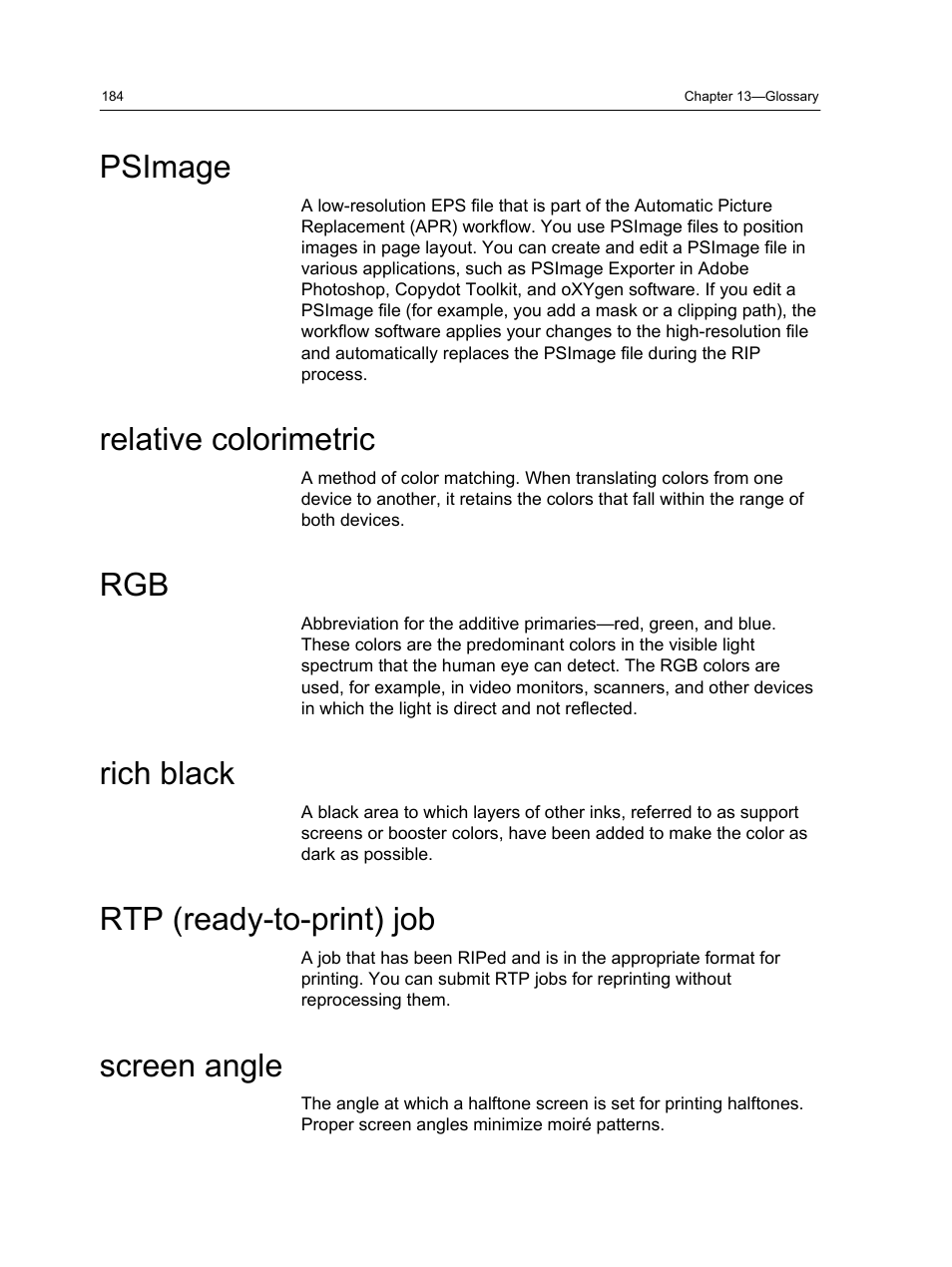 Psimage, Relative colorimetric, Rich black | Rtp (ready-to-print) job, Screen angle | Konica Minolta bizhub PRESS 1250 User Manual | Page 192 / 200