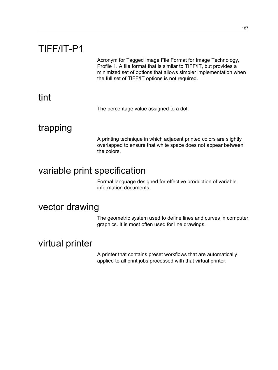 Tiff/it-p1, Tint, Trapping | Variable print specification, Vector drawing, Virtual printer | Konica Minolta bizhub PRESS 1250 User Manual | Page 195 / 200