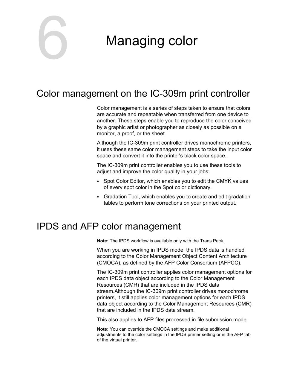 Managing color, Color management on the ic-309m print controller, Ipds and afp color management | Konica Minolta bizhub PRESS 1250 User Manual | Page 57 / 200