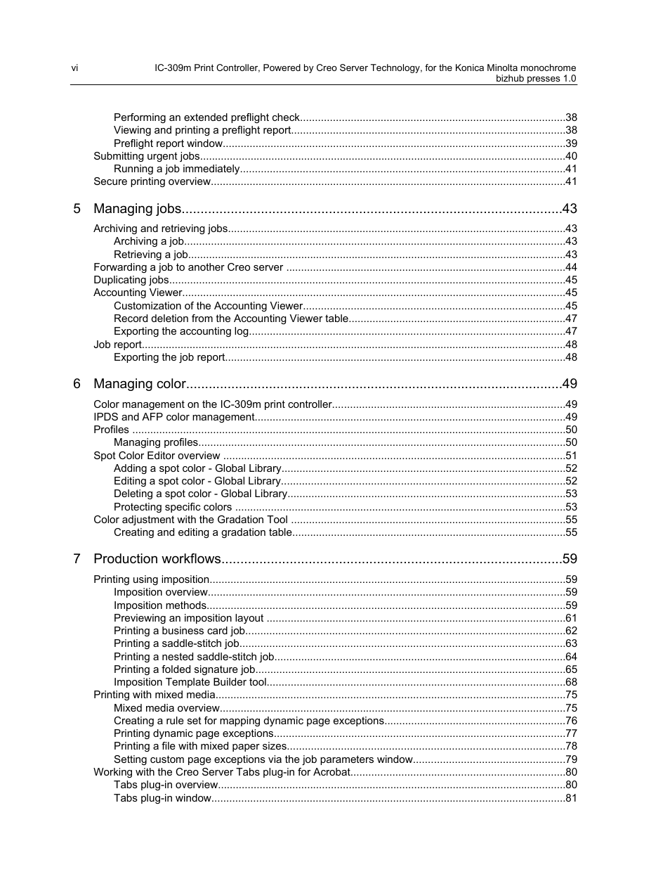 5 managing jobs, 6 managing color, 7 production workflows | Konica Minolta bizhub PRESS 1250 User Manual | Page 6 / 200