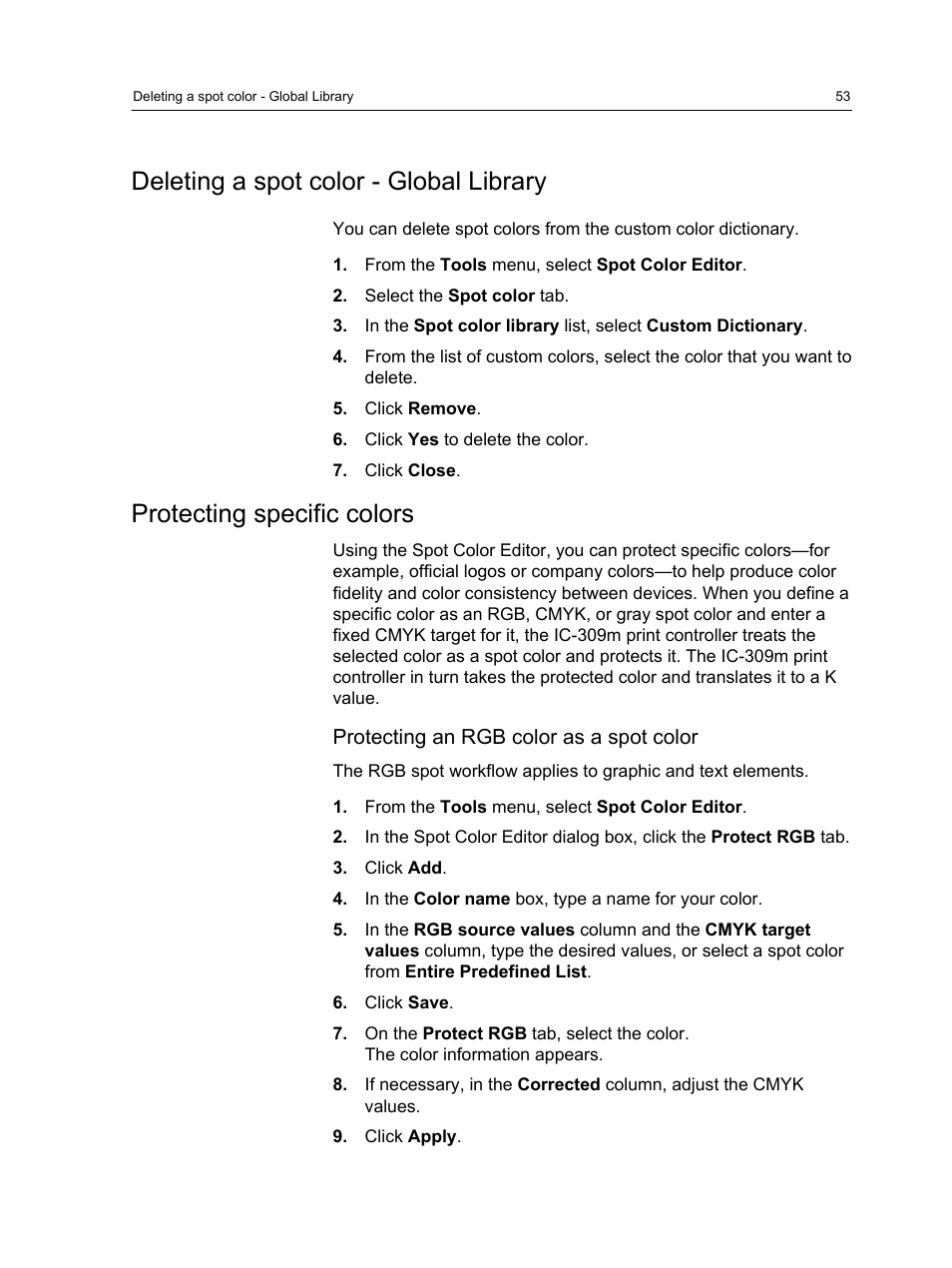 Deleting a spot color - global library, Protecting specific colors, Protecting an rgb color as a spot color | Konica Minolta bizhub PRESS 1250 User Manual | Page 61 / 200