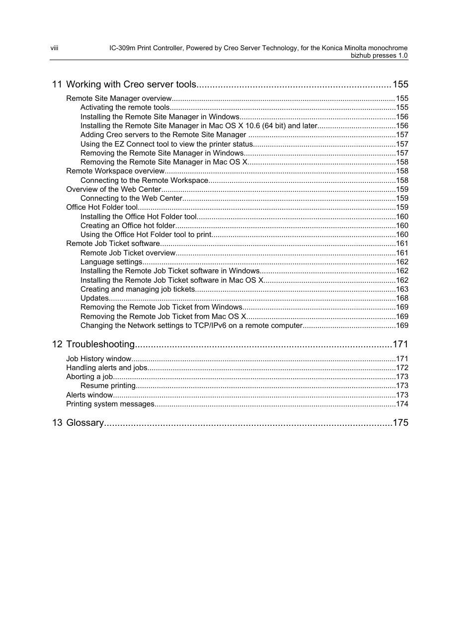 11 working with creo server tools, 12 troubleshooting, 13 glossary | Konica Minolta bizhub PRESS 1250 User Manual | Page 8 / 200