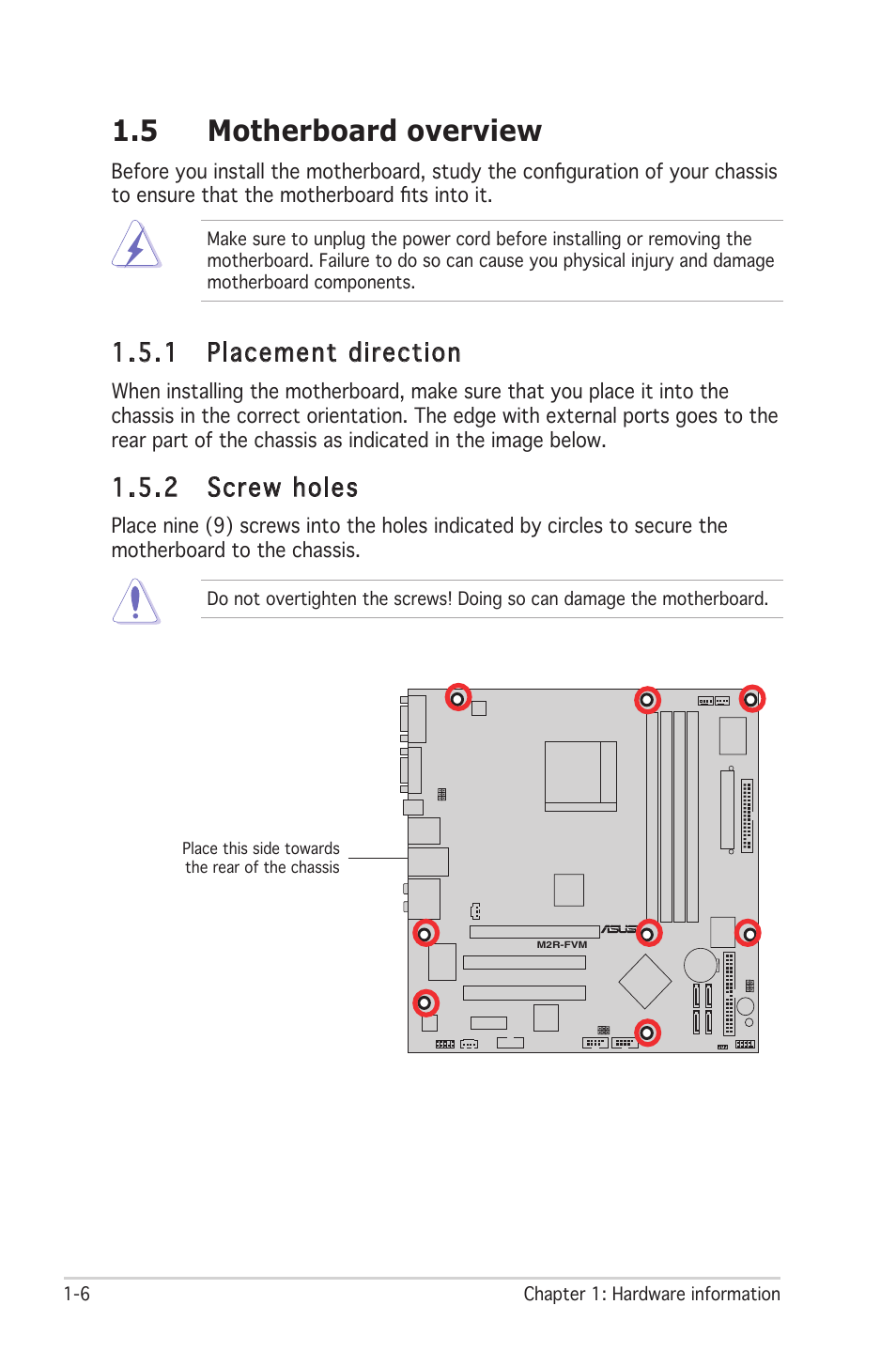 5 motherboard overview, 1 placement direction, 2 screw holes | Asus M2R-FVM User Manual | Page 18 / 72