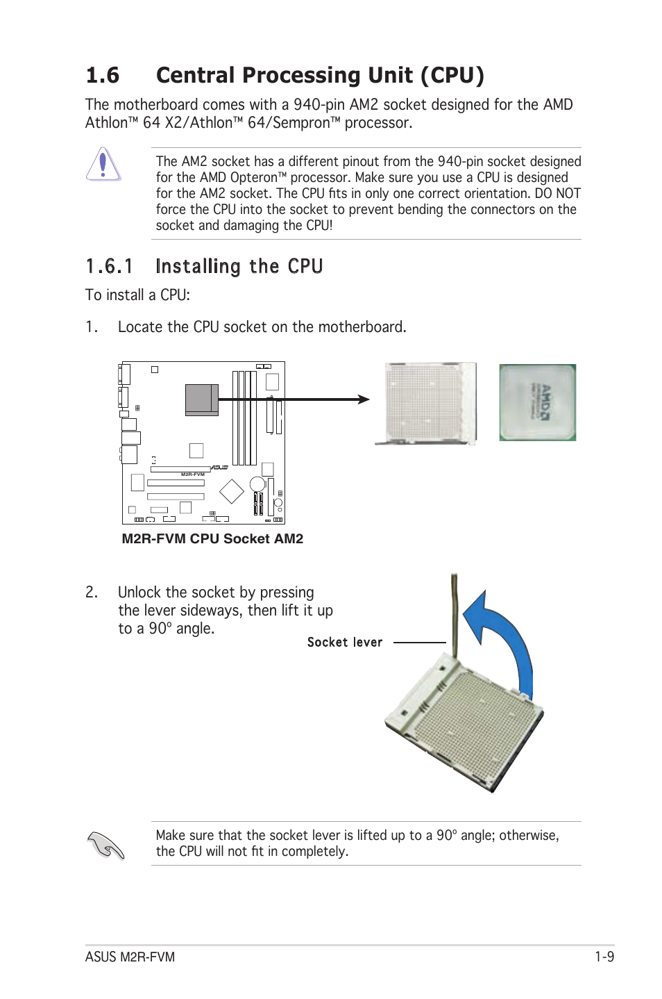 6 central processing unit (cpu), 1 installing the cpu | Asus M2R-FVM User Manual | Page 21 / 72