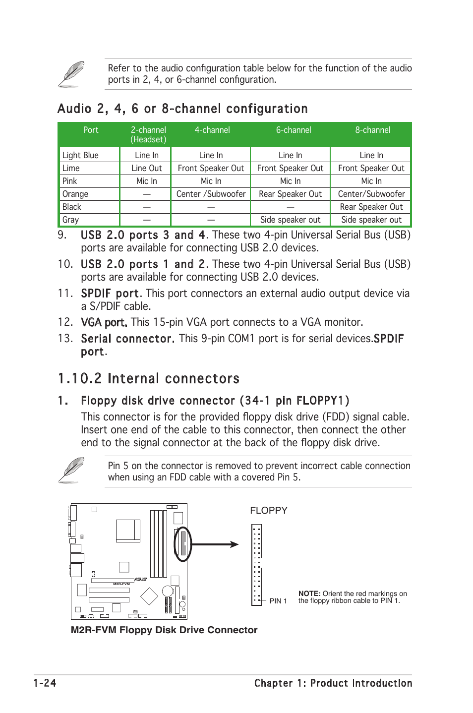 2 internal connectors, Audio 2, 4, 6 or 8-channel configuration | Asus M2R-FVM User Manual | Page 36 / 72