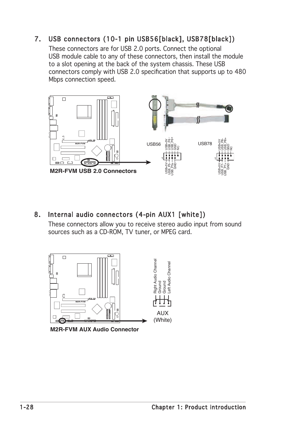 28 chapter 1: product introduction, M2r-fvm usb 2.0 connectors, M2r-fvm aux audio connector aux (white) | Asus M2R-FVM User Manual | Page 40 / 72