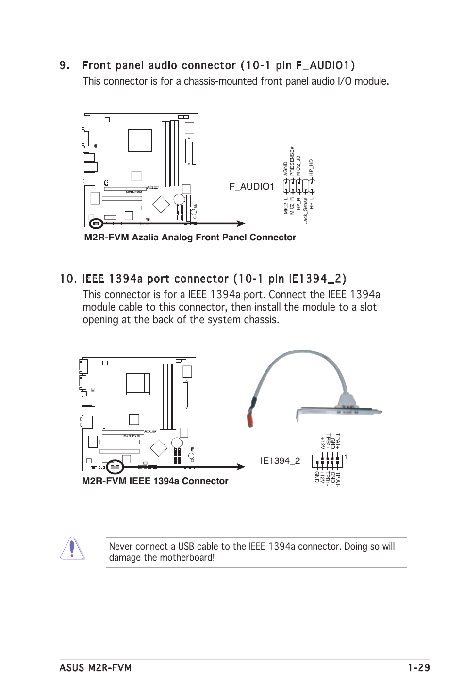 Asus m2r-fvm 1-29, M2r-fvm azalia analog front panel connector, F_audio1 | Asus M2R-FVM User Manual | Page 41 / 72