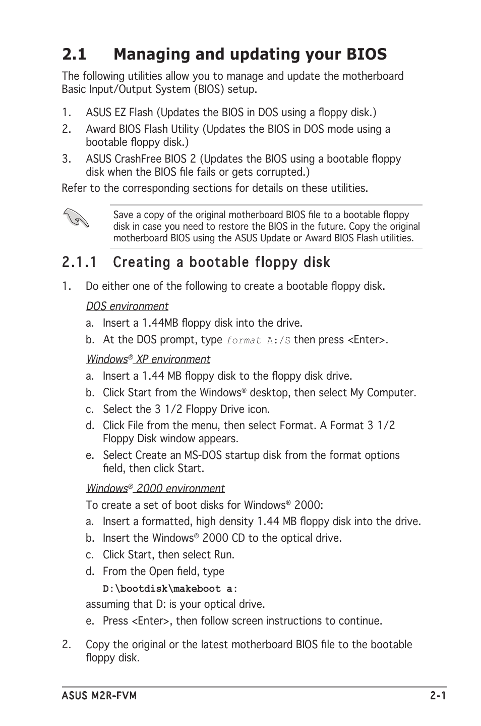 1 managing and updating your bios, 1 creating a bootable floppy disk | Asus M2R-FVM User Manual | Page 44 / 72