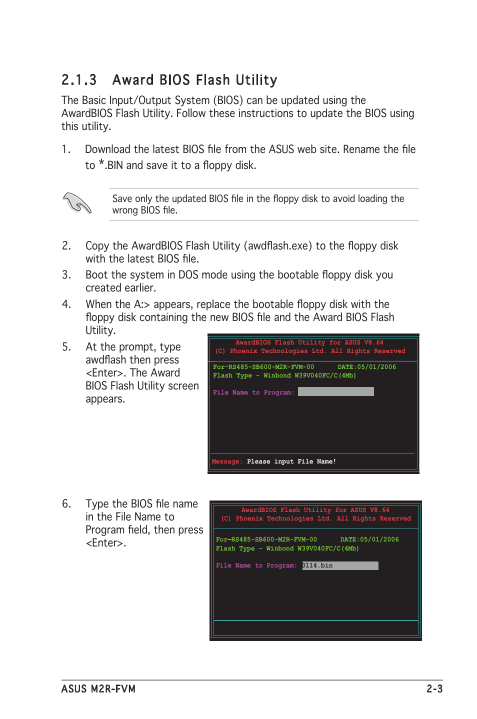 3 award bios flash utility | Asus M2R-FVM User Manual | Page 46 / 72