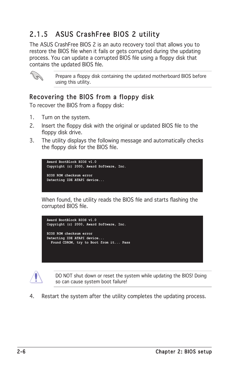 5 asus crashfree bios 2 utility, Recovering the bios from a floppy disk | Asus M2R-FVM User Manual | Page 49 / 72