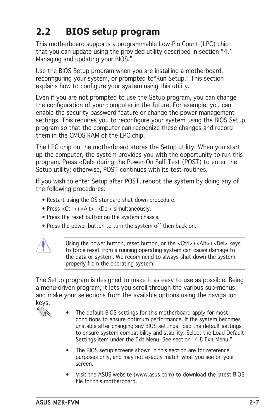 2 bios setup program | Asus M2R-FVM User Manual | Page 50 / 72