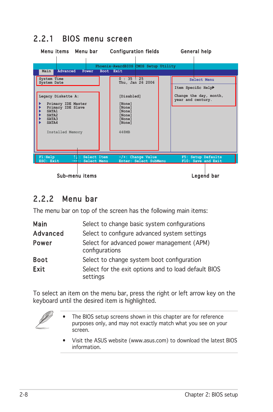1 bios menu screen, 2 menu bar | Asus M2R-FVM User Manual | Page 51 / 72