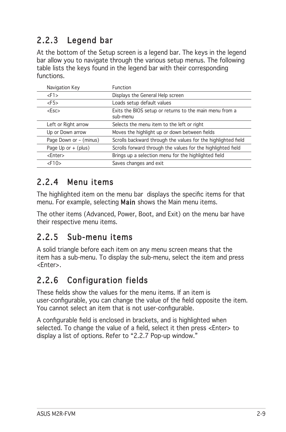 3 legend bar, 4 menu items, 5 sub-menu items | 6 configuration fields | Asus M2R-FVM User Manual | Page 52 / 72