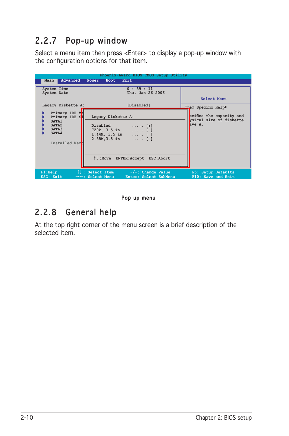 7 pop-up window, 8 general help, 10 chapter 2: bios setup | Asus M2R-FVM User Manual | Page 53 / 72