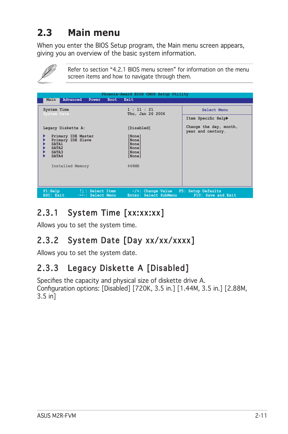 3 main menu, 1 system time [xx:xx:xx, 2 system date [day xx/xx/xxxx | 3 legacy diskette a [disabled, Allows you to set the system time, Allows you to set the system date | Asus M2R-FVM User Manual | Page 54 / 72