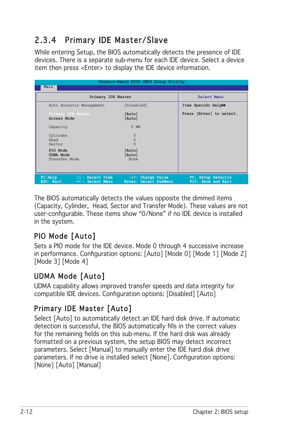 4 primary ide master/slave, Pio mode [auto, Udma mode [auto | Primary ide master [auto | Asus M2R-FVM User Manual | Page 55 / 72