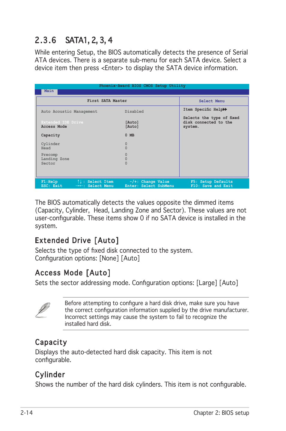 6 sata1, 2, 3, 4, Extended drive [auto, Access mode [auto | Capacity, Cylinder | Asus M2R-FVM User Manual | Page 57 / 72