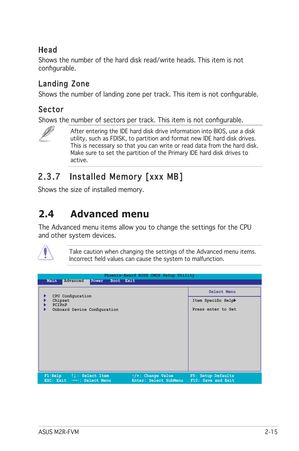 7 installed memory [xxx mb, 4 advanced menu, Head | Landing zone, Sector | Asus M2R-FVM User Manual | Page 58 / 72