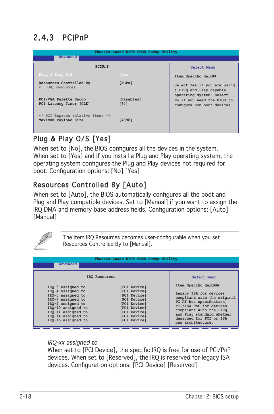 3 pcipnp, Plug & play o/s [yes, Resources controlled by [auto | 18 chapter 2: bios setup | Asus M2R-FVM User Manual | Page 61 / 72