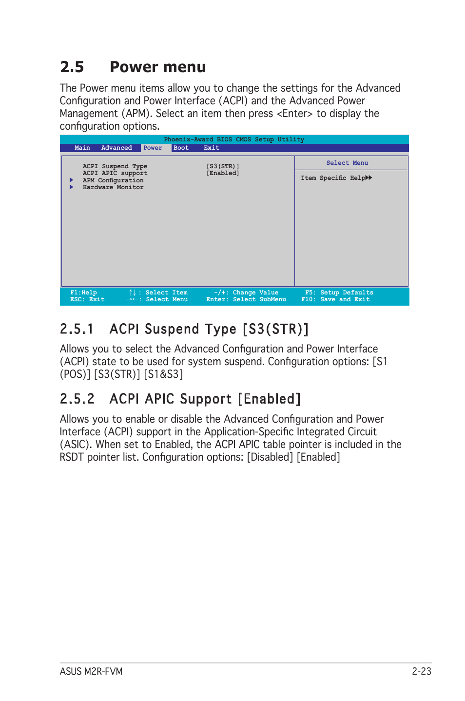 5 power menu, 1 acpi suspend type [s3(str), 2 acpi apic support [enabled | Asus M2R-FVM User Manual | Page 66 / 72