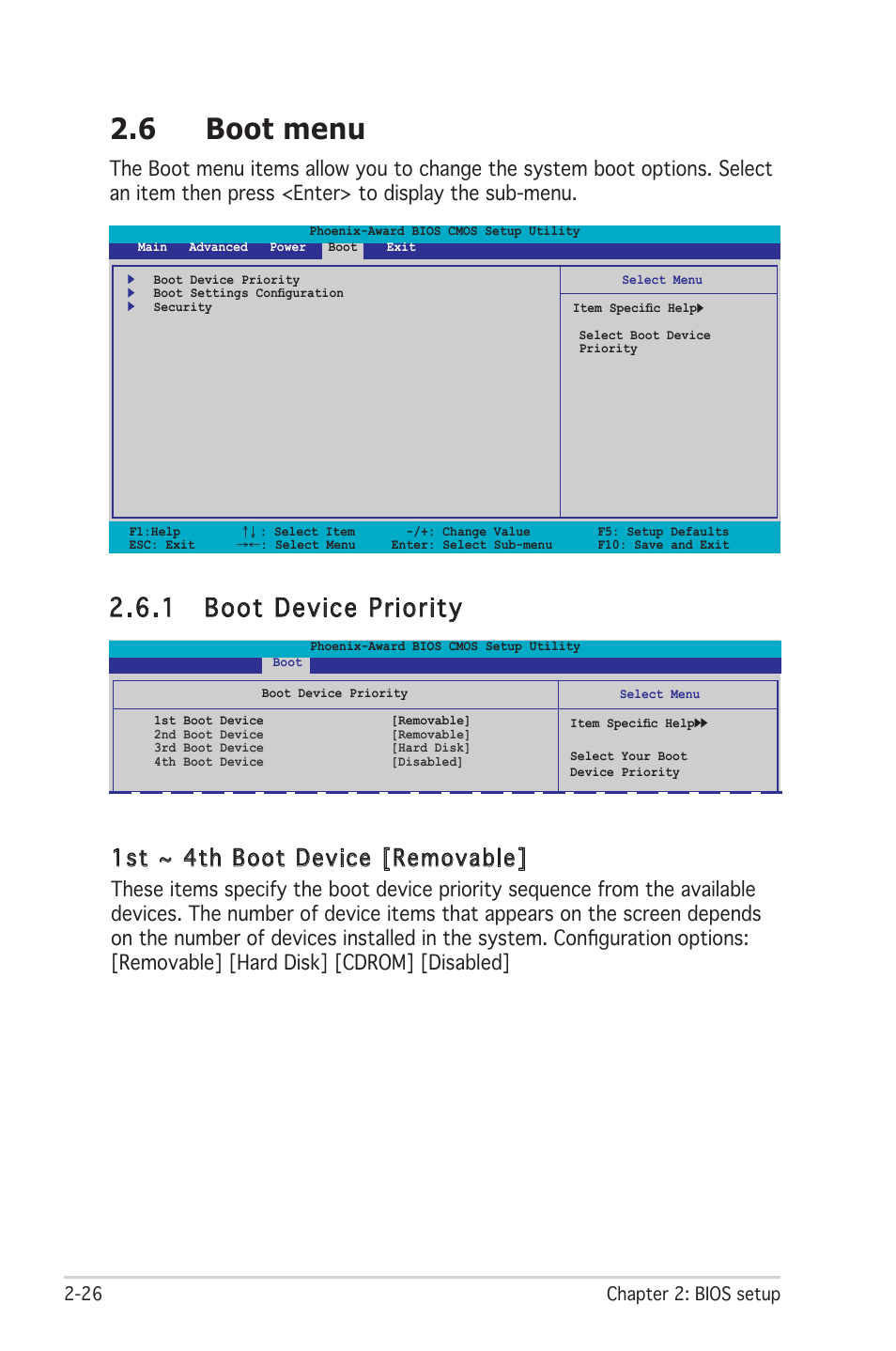 6 boot menu, 1 boot device priority, 1st ~ 4th boot device [removable | Asus M2R-FVM User Manual | Page 69 / 72