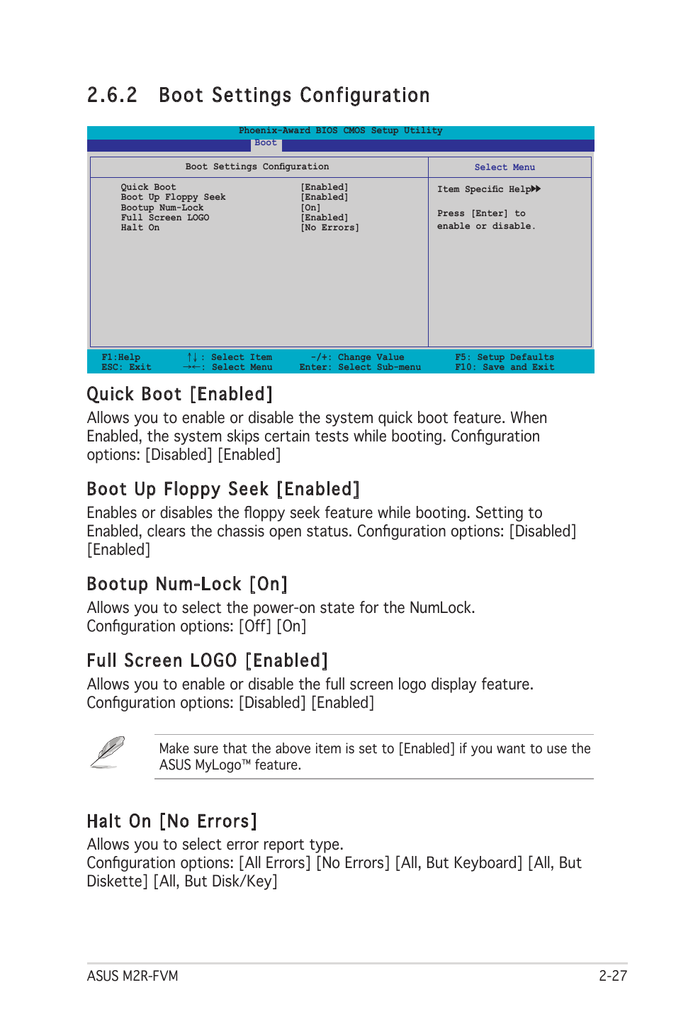 2 boot settings configuration, Quick boot [enabled, Boot up floppy seek [enabled | Bootup num-lock [on, Full screen logo [enabled, Halt on [no errors | Asus M2R-FVM User Manual | Page 70 / 72