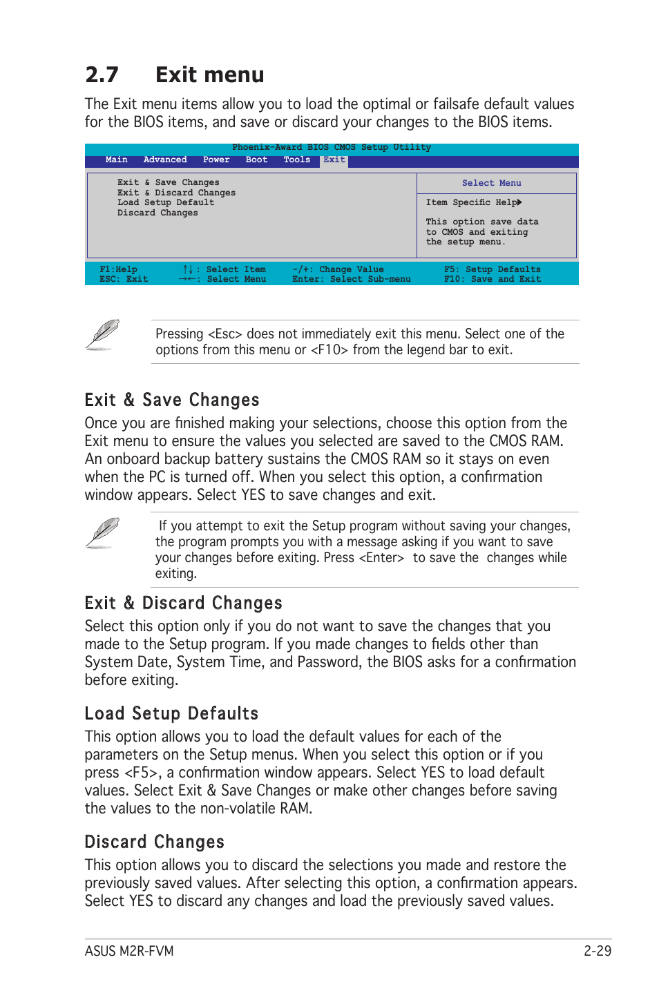 7 exit menu, Exit & save changes, Exit & discard changes | Load setup defaults, Discard changes | Asus M2R-FVM User Manual | Page 72 / 72