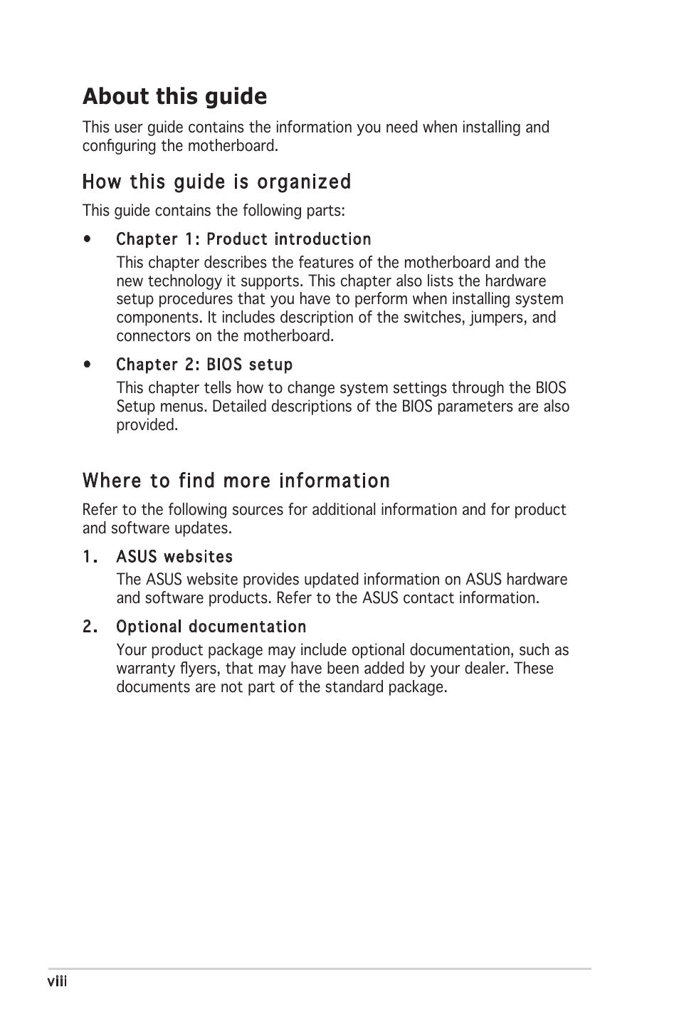 About this guide, How this guide is organized, Where to find more information | Asus M2R-FVM User Manual | Page 8 / 72